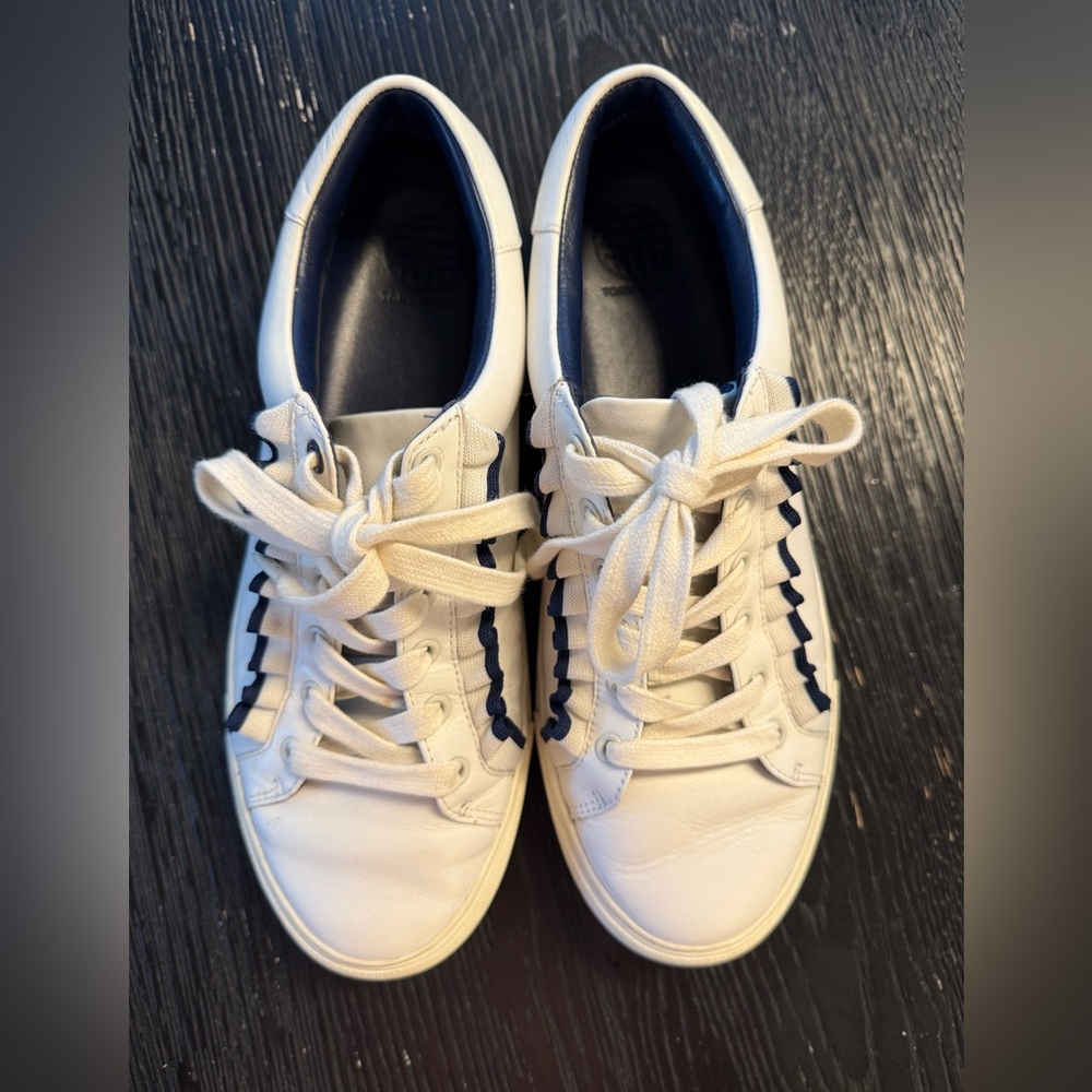 Tory Burch White and Navy Ruffle Trim Sneakers - Picture 2 of 10